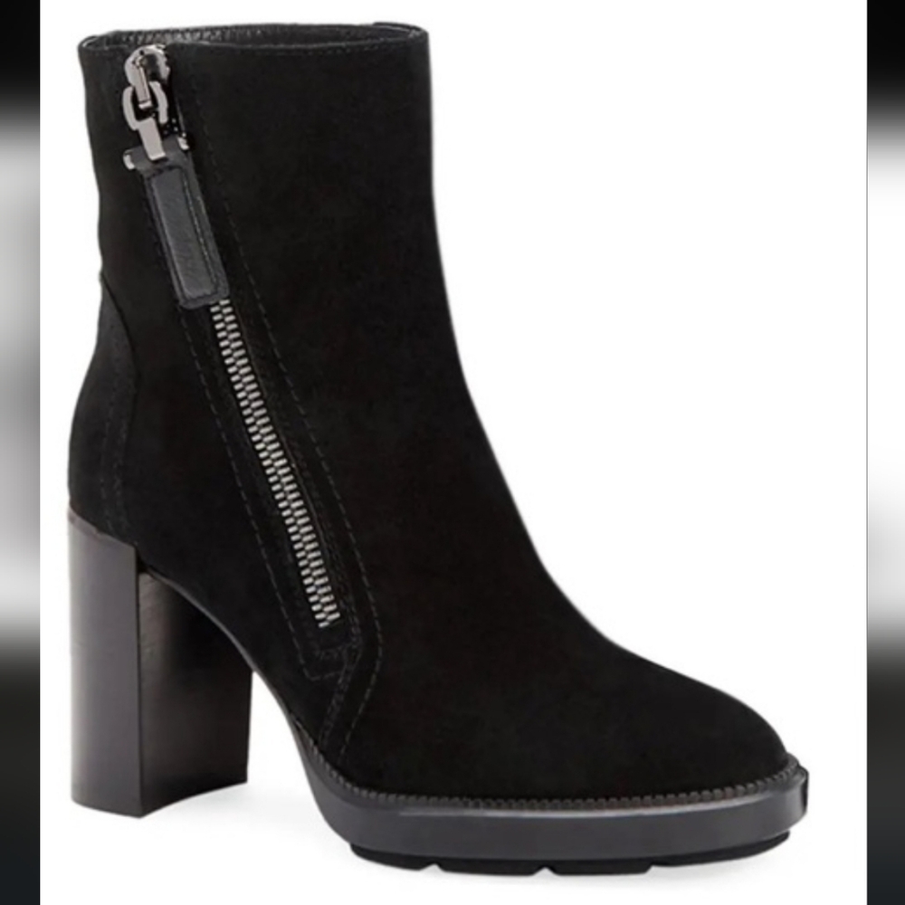 Aquatalia black suede ILENIA ankle Boot Asymetrical Zipper size 8 weatherproof